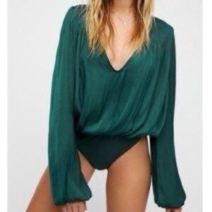 Free People - Smockin N Rockin Hunter Green Long Sleeve Thong Bodysuit Size LG